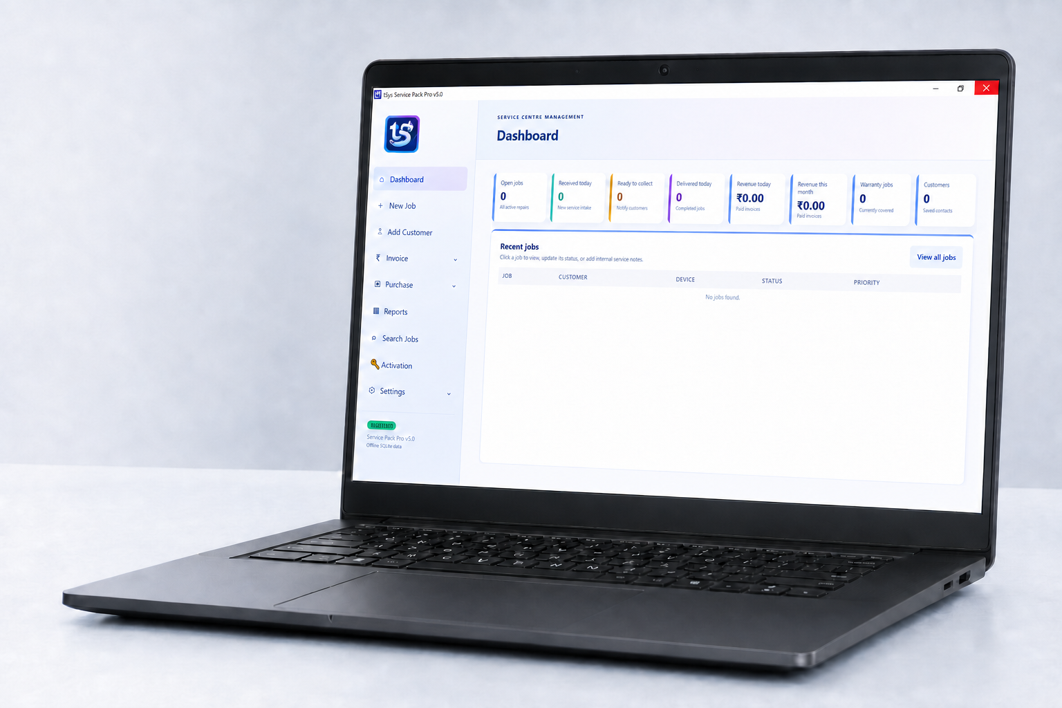 A laptop displaying the tSys Service Pack dashboard